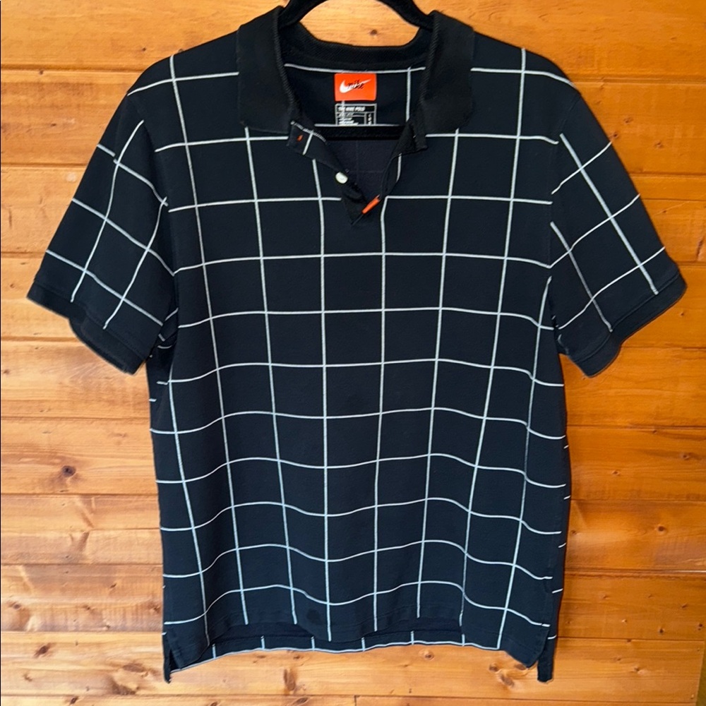 Nike Mens L Dri-Fit Polo Shirt Black White Windowpane Plaid Golf